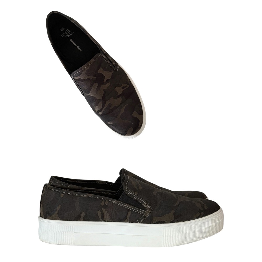 Time and Tru Women's Camo Slip On Sneakers Memory Foam Platform Shoes Size 8.5